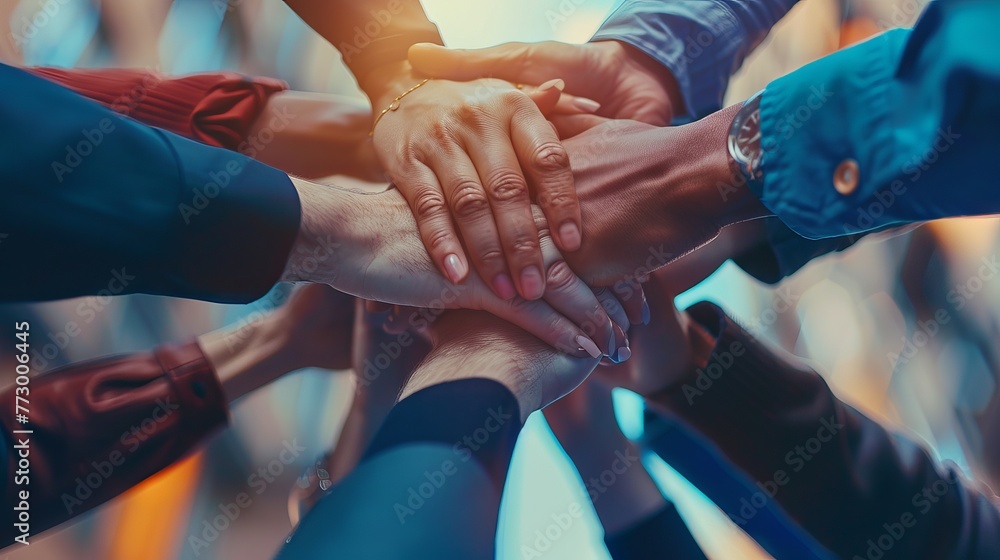 Aufkleber diverse team uniting for success: collaborative hands-on approach in a business startup environment