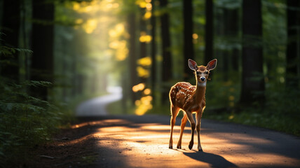 young deer crosses an asphalt road in front of a blur car a green forest at sunrise - obrazy, fototapety, plakaty