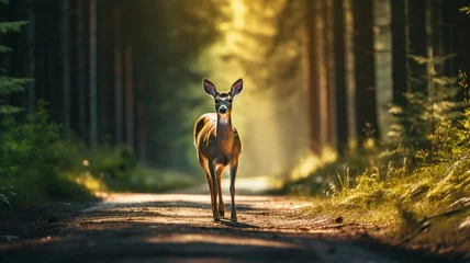 Foto auf Alu-Dibond young deer crosses an asphalt road in front of a blur car a green forest at sunrise © Yuwarin