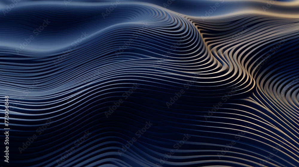Poster dynamic blue metallic contoured lines with 3d topographical effect in abstract design