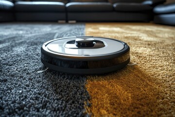 The robotic vacuum cleaner glides across the carpet, revealing a stark contrast between clean and dirty areas in its operation. - obrazy, fototapety, plakaty