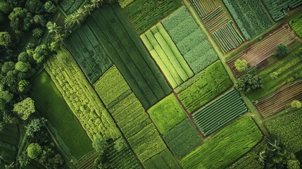 Sustainable agriculture, aerial view of crop fields with water saving irrigation systems.
