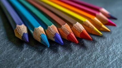Vibrant spectrum of colored pencils arranged creatively on a textured gray surface - artistic...