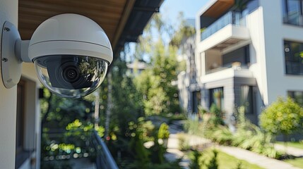 Wireless home security cameras, wide angle of the camera system installed around the exterior of a house. - obrazy, fototapety, plakaty