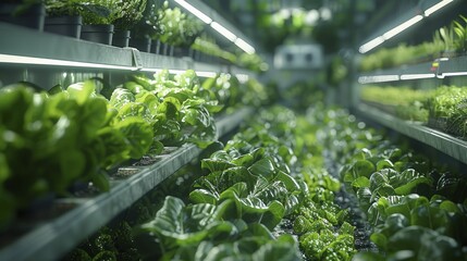 Vertical farming facilities, pulled back interior shot showing layers of hydroponic shelves. - obrazy, fototapety, plakaty