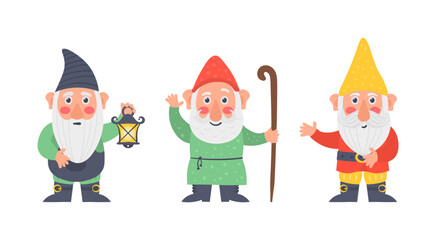 Collection cute of garden gnome or dwarfs holding lantern, banner, mushroom, watering can. Set of cute fairytale character. Classic Garden gnomes in colorful outfits different situations. Vector