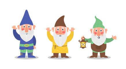 Collection cute of garden gnome or dwarfs holding lantern, banner, mushroom, watering can. Set of cute fairytale character. Classic Garden gnomes in colorful outfits different situations. Vector