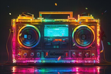 a boom box with colorful lights - obrazy, fototapety, plakaty