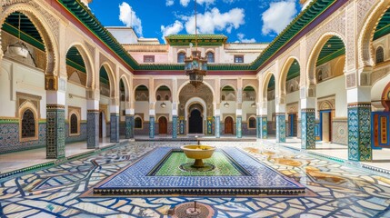 FES, MOROCCO - 06.02.2020: Inside courtyard and interior of The Zaouia Moulay Idriss II is shrine or mosque and is dedicated to and tomb of Moulay Idriss II in Fez. Architecture craftsmanship 