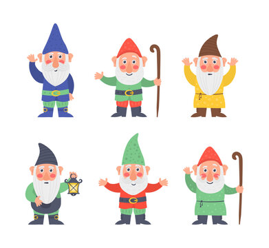 Collection cute of garden gnome or dwarfs holding lantern, banner, mushroom, watering can. Set of cute fairytale character. Classic Garden gnomes in colorful outfits different situations. Vector