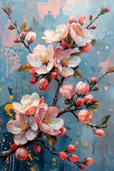 Blooming Blossoms in Blue A Vibrant Painting of Peach and White Flowers Generative AI