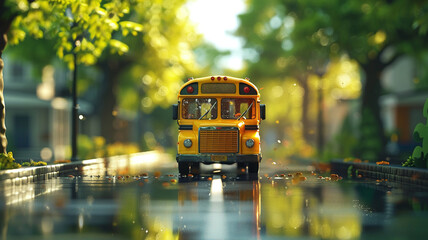 Obraz premium 3D animation of a school bus approaching, filled with eager students, symbolizing the journey back to learning and community , 3D animation style , soft shadowns, clean sharp, clean sharp focus