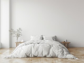 Home mockup wall white cozy bedroom interior with bed