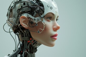 Close-up profile of a humanoid with a complex network of wires and components replacing the cranial structure, symbolizing advanced AI and robotics.
