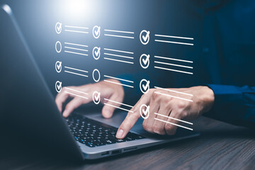 checklist and clipboard task documentation management, business people working laptop checklist...