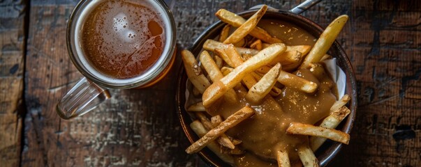 Beer and poutine on a wooden table - obrazy, fototapety, plakaty