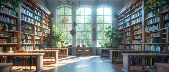 Sunlit Library Interior with Tall Bookshelves - obrazy, fototapety, plakaty