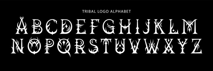 Vector Uppercase Aplhabet Set. Beautiful Tribal Serif Letters in Mystical Witch Style. Logo And Tattoo Design. Dark Aesthetic - 773008027