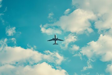 Fototapeta na wymiar Airplane Flying High in Blue Sky, Travel and Transportation Concept