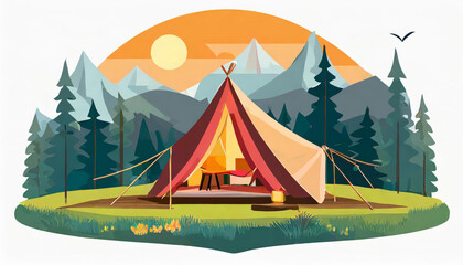 Tent in nature at summer. Glamping, camping with glamour. Luxury accommodation providing campers comfort to connect with wilderness during holidays or vacation travel