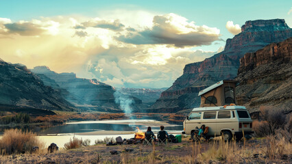 Travelers in campfire with camper van in mountains lake landscape, camp by a lake enjoying an adventure travel camping in nature during holidays or vacation