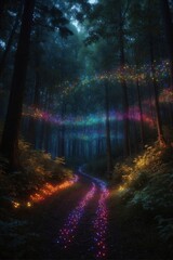 Obraz premium A dark forest filled with many colorful lights