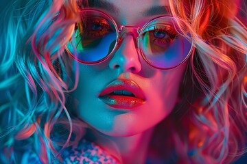 a woman wearing glasses and a colorful light - obrazy, fototapety, plakaty