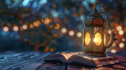 Holy quran and lantern and Arabic nd English text of Eid Mubarak meaning 