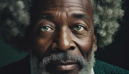 professional portrait of  a elderly black man, green eyes, close-up on black background