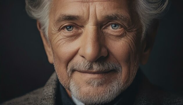 professional portrait of  an elderly Man, close-up on black background, grey hair