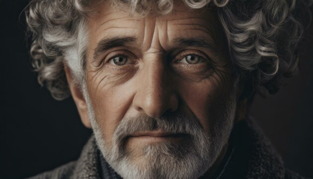 professional portrait of  an elderly Man, close-up on black background, grey hair