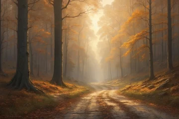 Foto op Plexiglas An autumn road in the middle of the forest, illuminated by sunlight. © alexx_60