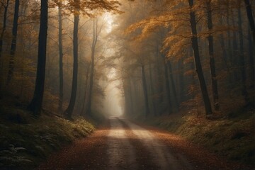 An autumn road in the middle of the forest, illuminated by sunlight.