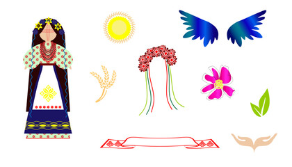 Ukrainian doll motanka set of vector illustrations with wheat, a wreath of flowers, and an embroidery towel on a white background. 