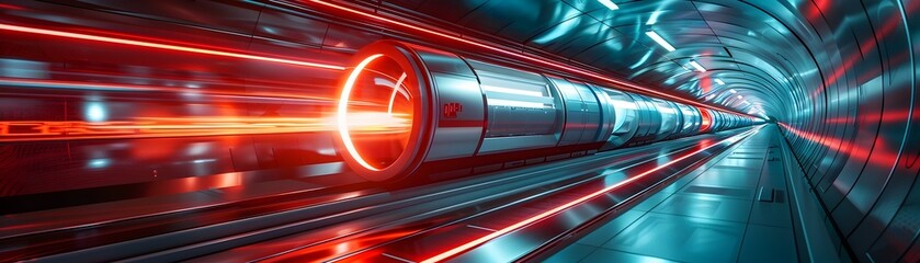 Luminous High Speed Freight Capsules Rocketing Through Futuristic Hyperloop Tunnel