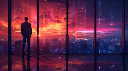Visionary CEO Contemplates Future City Skyline Under Dramatic Sunset Atmosphere - obrazy, fototapety, plakaty