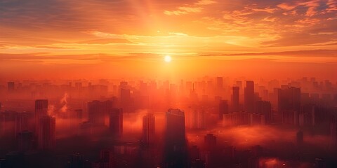 Vibrant Sunrise Over Dynamic Corporate Skyline Heralding a New Era of Leadership and Growth - obrazy, fototapety, plakaty