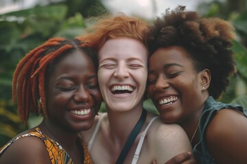Close-up of three diverse women sharing a heartfelt laugh, symbolizing friendship and joy. - obrazy, fototapety, plakaty