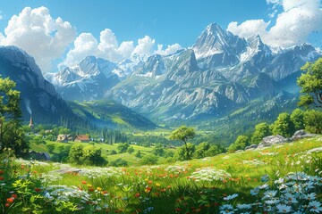 Summer Vibes A Serene Mountain Valley with Wildflowers and a Tree Generative AI