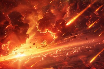 Apocalyptic scene with fiery meteors falling from red sky, end of world doomsday disaster digital painting - obrazy, fototapety, plakaty