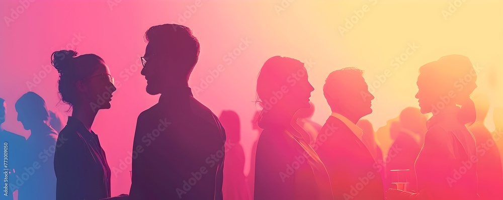 Aufkleber silhouetted figures networking and collaborating at high profile business event driving innovation a