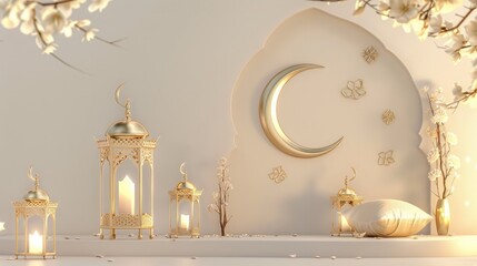 Islamic decoration background with lantern and crescent moon luxury style, ramadan kareem, mawlid, iftar, isra miraj, eid al fitr adha, muharram, copy space text area, 3D illustration. - obrazy, fototapety, plakaty