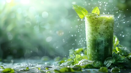 Vibrant Green Smoothie Burst of Vitamins in a Glass with Dewy Nature Background for Healthy Living - obrazy, fototapety, plakaty