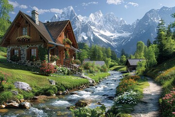 Fototapeta na wymiar A picturesque mountain village with a flowing stream and a charming wooden house Generative AI