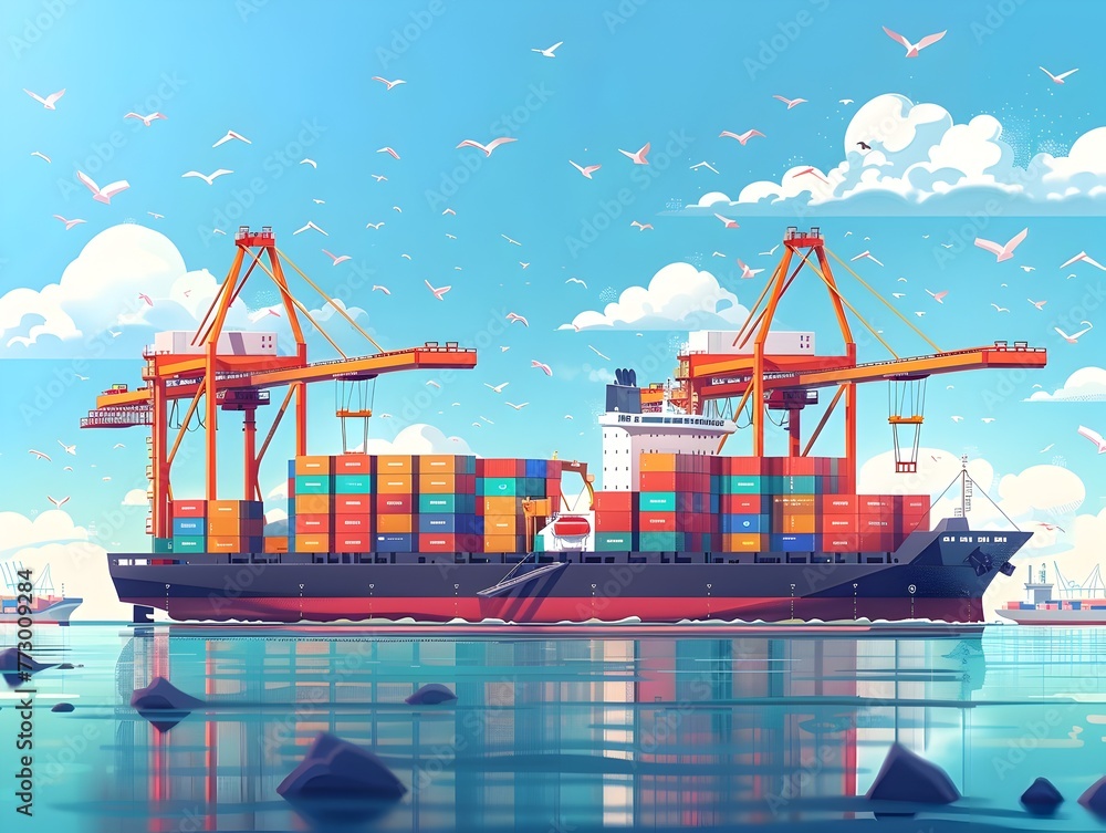 Poster automated container ship entering efficient smart port with cranes streamlining global trade and log
