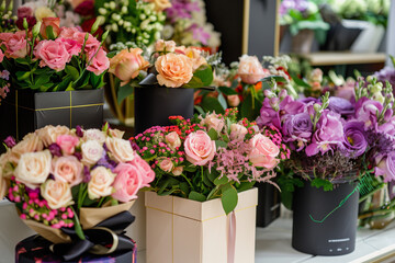 A bouquet of flowers sits on a table next to a brown box. The flowers are pink and white, and they are arranged in a vase. The box is brown and has a ribbon tied around it
