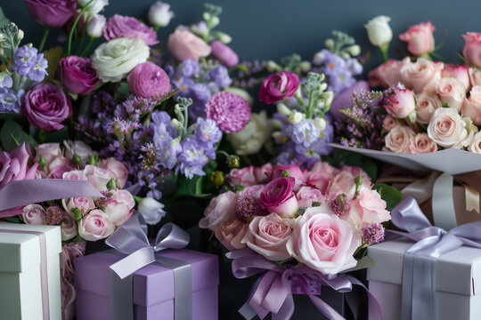 A bouquet of flowers sits on a table next to a brown box. The flowers are pink and white, and they are arranged in a vase. The box is brown and has a ribbon tied around it