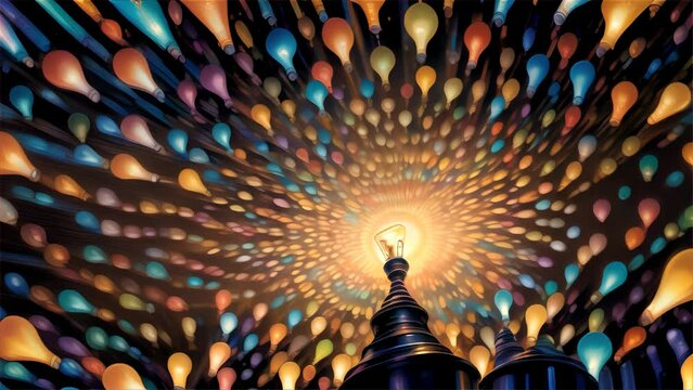 Light bulb with an explosion of colorful balloons, representing a burst of creativity and inspiration