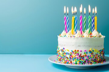 Birthday Cake with Colorful Candles on Blue Table, Festive Celebration Concept