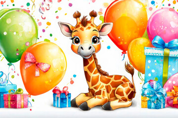Obraz na płótnie Canvas Birthday invitation with colorful balloons tied with ribbons and cute baby giraffe.